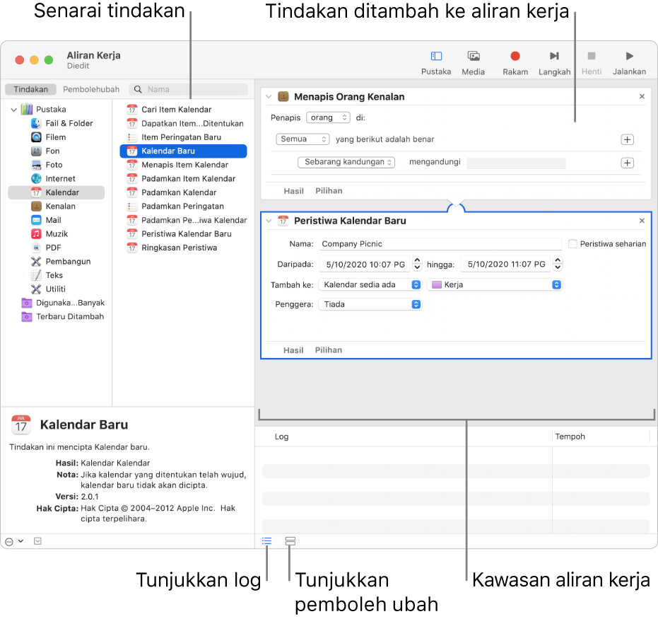 Tetingkap Automator. Pustaka muncul di hujung kiri dan mengandungi senarai app yang Automator bekalkan tindakan. App Kalendar dipilih di dalam senarai dan tindakan tersedia dalam Kalendar disenaraikan dalam lajur di sebelah kanan. Pada sebelah kanan tetingkap adalah aliran kerja yang mempunyai tindakan Kalendar ditambah padanya.