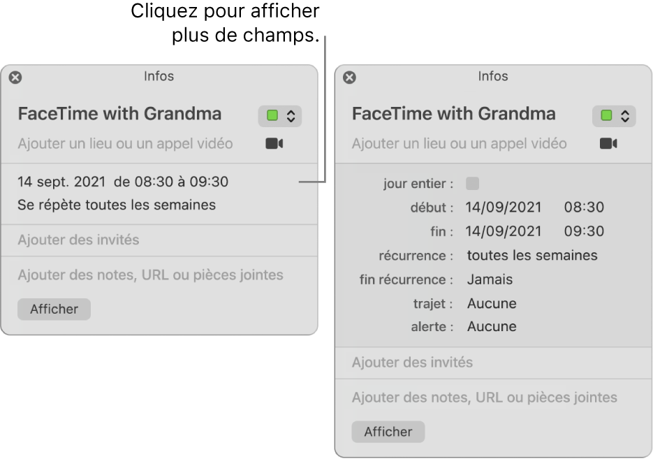 L’image sur la gauche montre une fenêtre d’informations condensée pour un évènement. Sur la droite, la fenêtre d’information pour ce même évènement est développée et contient des champs supplémentaires, tels que l’heure de début, l’heure de fin, la récurrence et la durée de trajet.