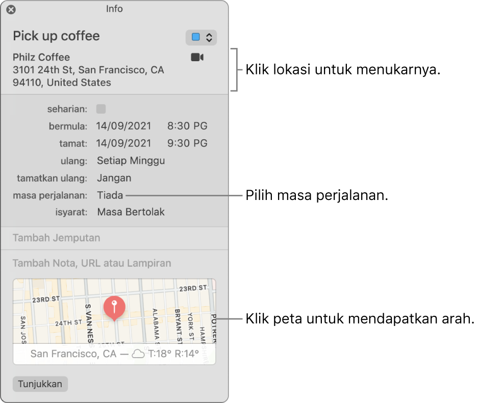 Tetingkap maklumat untuk peristiwa, dengan penuding di atas menu timbul Masa Perjalanan. Pilih masa perjalanan dari menu timbul. Klik lokasi untuk mengubahnya. Klik peta untuk dapatkan arah