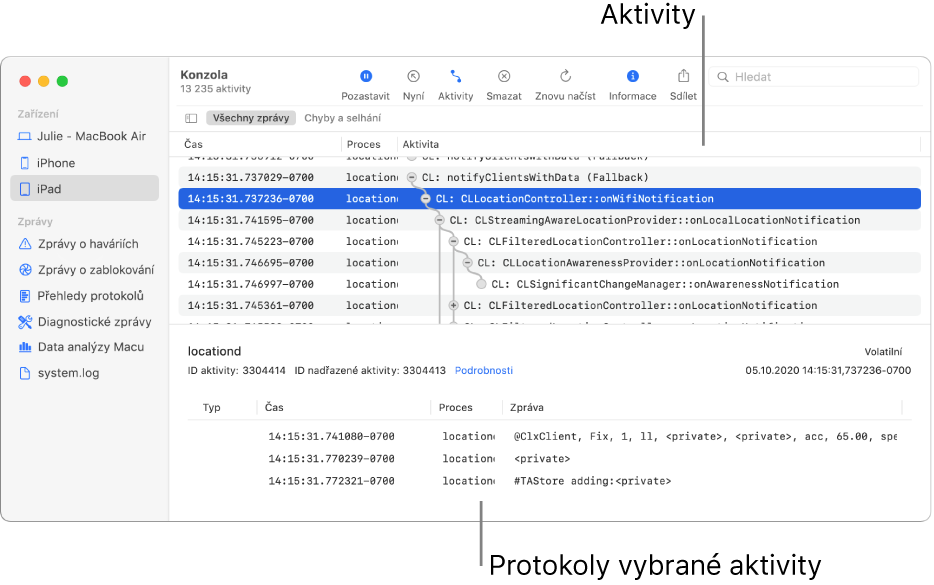 Okno Konzoly, v němž jsou nahoře zobrazeny aktivity a dole zprávy protokolu pro vybranou aktivitu