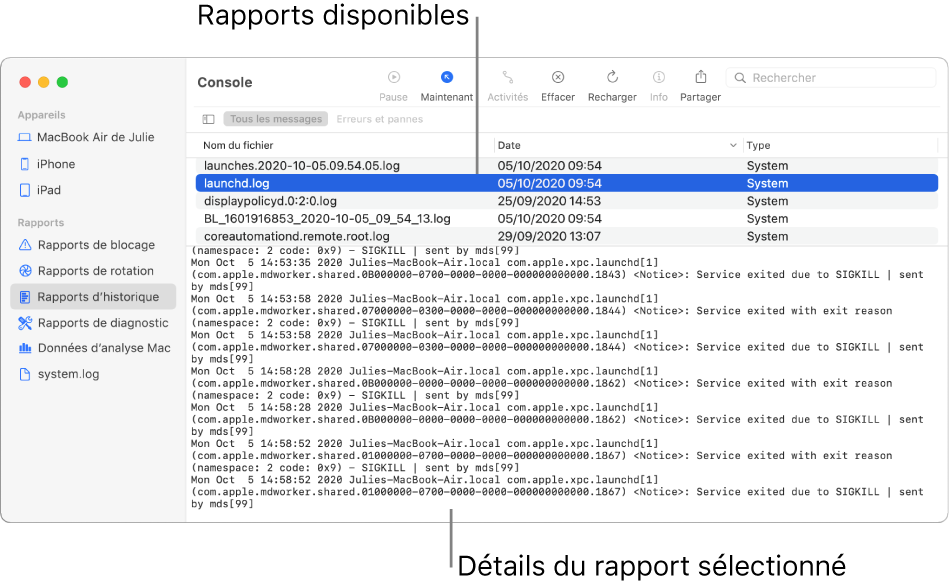 Fenêtre de Console présentant les catégories de rapport dans la barre latérale, les rapports en haut à droite de la barre latérale, et les détails des rapports en dessous.