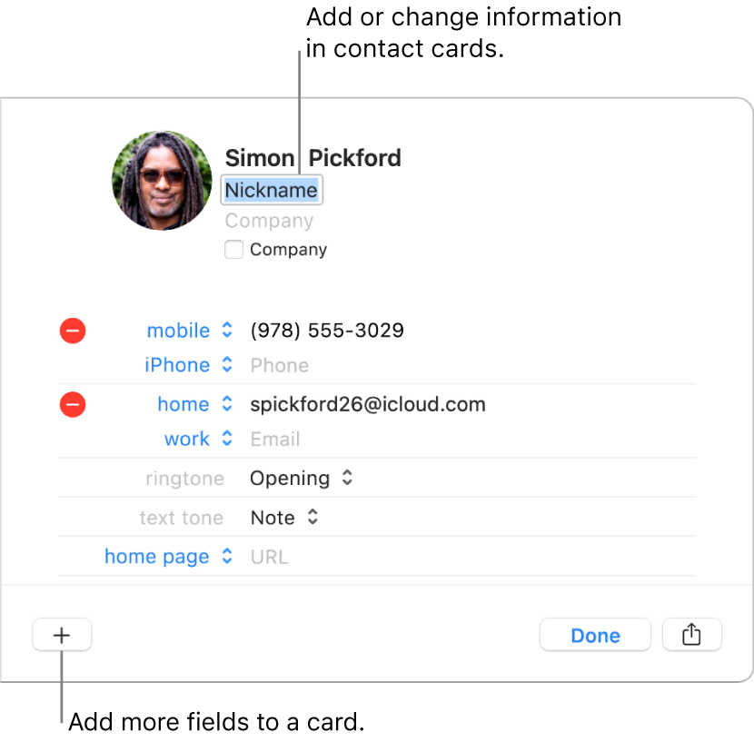 A contact card showing the nickname field below the contact’s name and a button at the bottom of the window for adding more fields to the card.