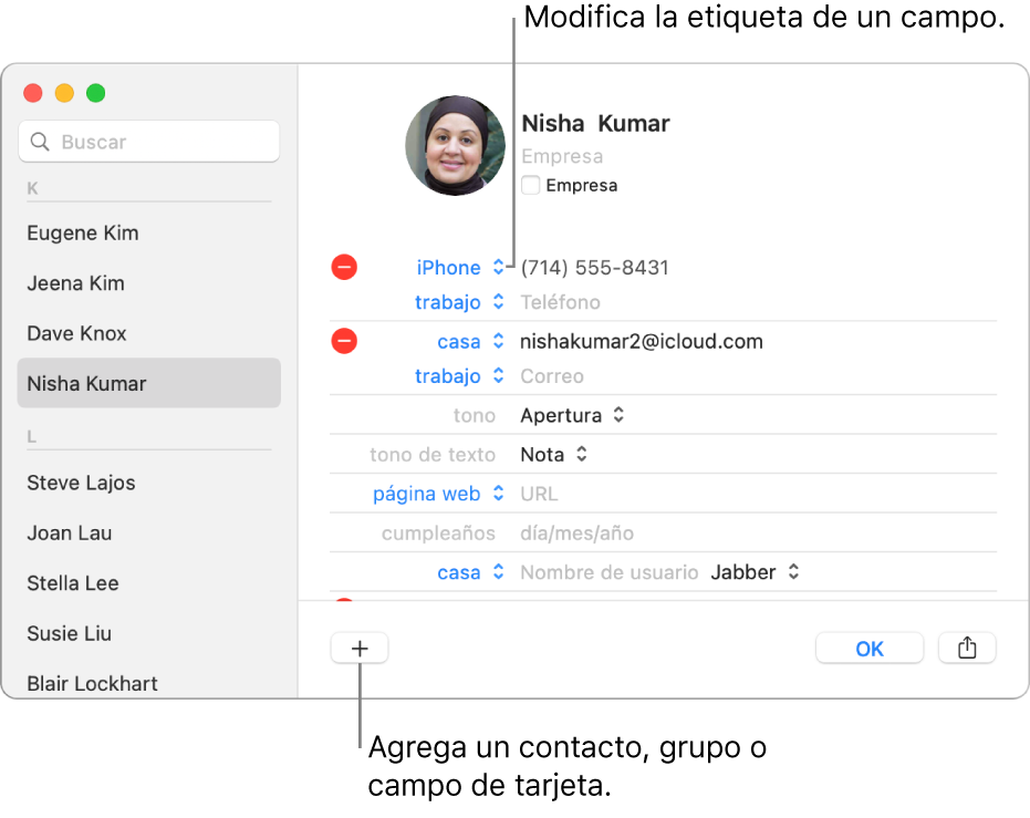 Una tarjeta de contacto mostrando una etiqueta de campo que se puede modificar y, en la parte inferior de la tarjeta, el botón para agregar un contacto, grupo o campo de tarjeta.