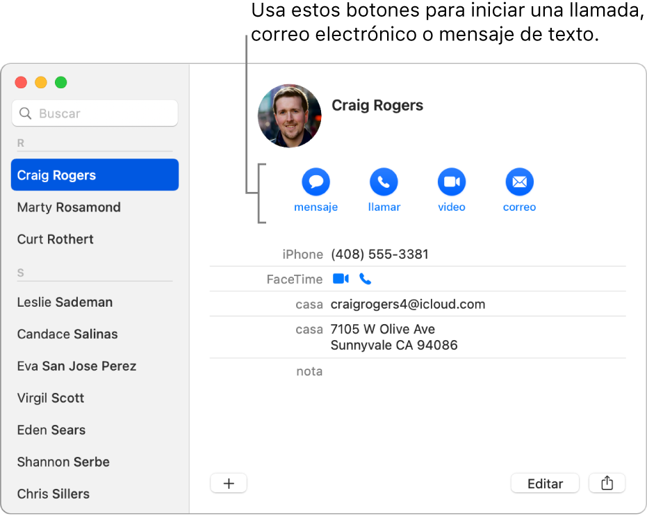 Una tarjeta de contacto mostrando los botones ubicados debajo del nombre del contacto. Puedes usar estos botones para enviar un mensaje de texto o un correo, o iniciar una llamada de video, audio o teléfono.