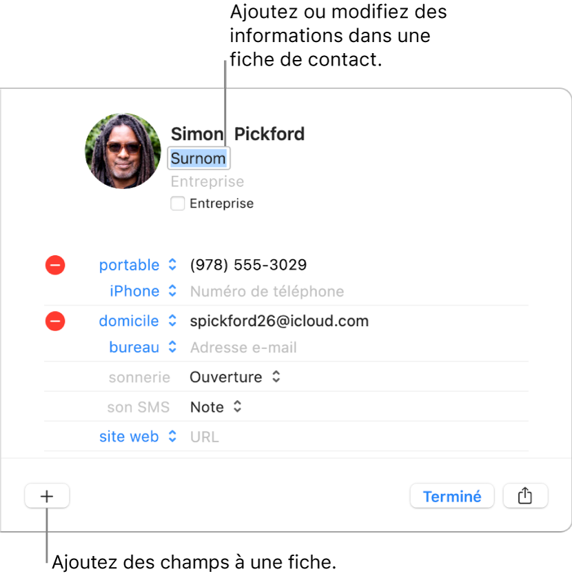 La fiche d’un contact présentant le champ de surnom sous le nom du contact et un bouton en bas de la fenêtre pour ajouter d’autres champs à la fiche.