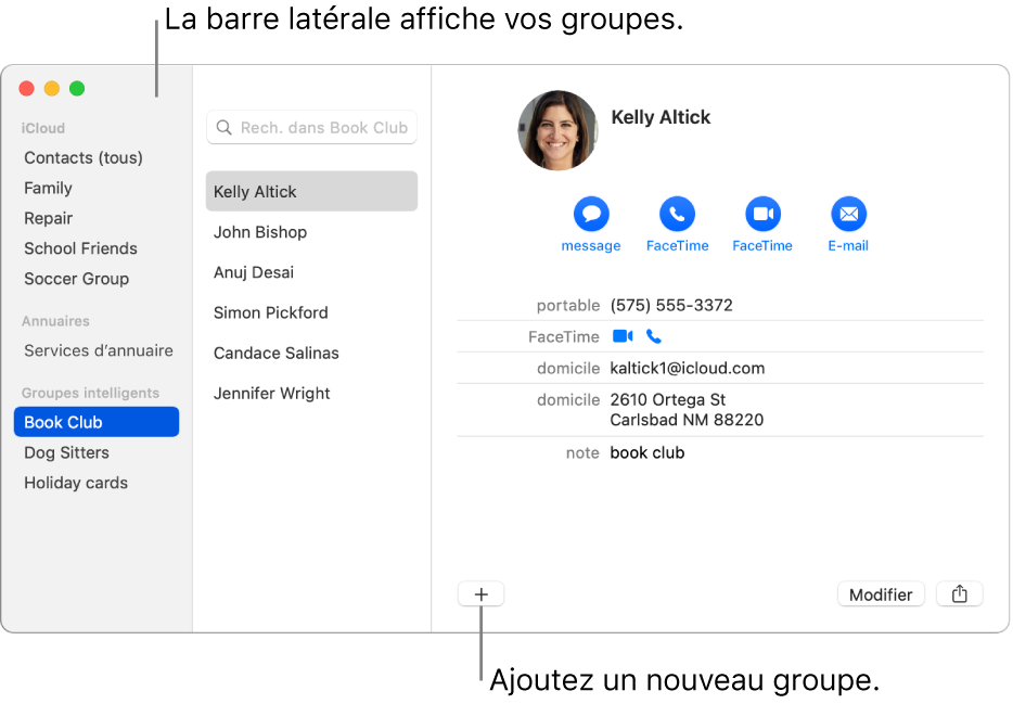 La fenêtre Contacts affichant la barre latérale avec des groupes, comme Équipe de cyclisme, et le bouton en bas de la fiche d’un contact pour ajouter un nouveau groupe.