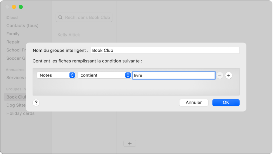 Fenêtre d’ajout d’un groupe intelligent, avec un groupe appelé « Club de lecture » comprenant les contacts dont le champ Remarque contient le mot « livre ».