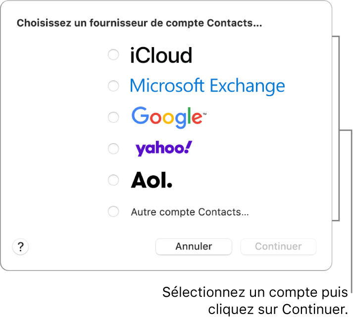 La liste des types de comptes Internet que vous pouvez ajouter à l’app Contacts : iCloud, Exchange, Google, Yahoo, AOL et « Autre compte Contacts ».