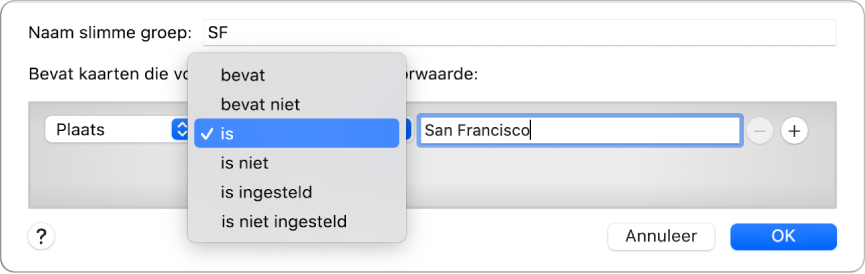 Het venster van de slimme groep met de groep 'SF' en een voorwaarde met drie criteria: 'Plaats' in het eerste veld, 'is' geselecteerd uit een venstermenu in het tweede veld en 'San Francisco' in het derde veld.