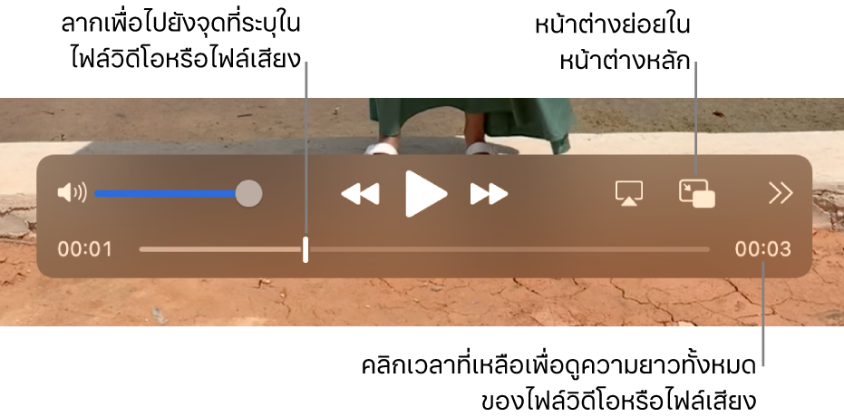 ตัวควบคุมการเล่น QuickTime Player จากด้านบนสุดคือตัวคุมควบระดับเสียง ปุ่มเลื่อนถอยกลับ ปุ่มเล่น/หยุดพัก ปุ่มเลื่อนไปข้างหน้าอย่างเร็ว ปุ่มเลือกจอภาพ ปุ่มหน้าต่างย่อยในหน้าต่างหลัก และปุ่มแชร์และความเร็วการเล่น ด้านล่างสุดคือตัวชี้ตำแหน่ง ซึ่งคุณสามารถลากไปที่จุดที่ระบุเฉพาะในไฟล์ได้ เวลาที่เหลืออยู่ในไฟล์ปรากฏขึ้นที่ด้านขวาล่างสุด