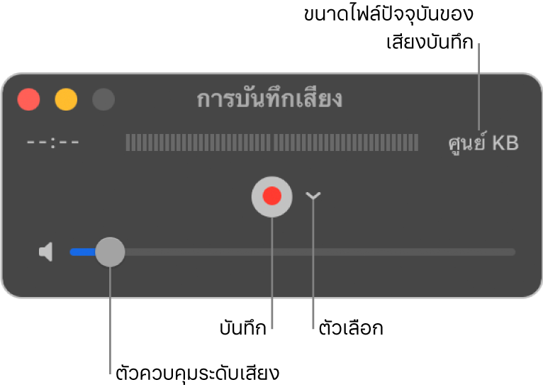 หน้าต่างการบันทึกเสียงที่มีปุ่มบันทึกและเมนูตัวเลือกที่แสดงขึ้นตรงกึ่งกลางหน้าต่าง และตัวควบคุมระดับเสียงที่ด้านล่างสุด