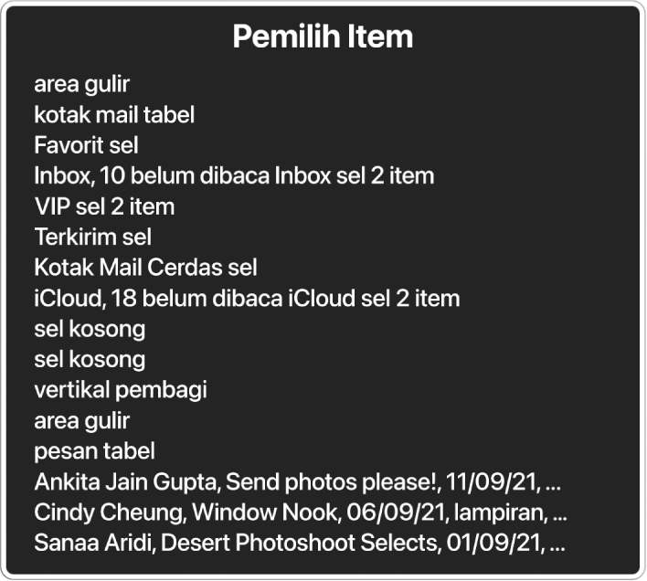 Pemilih Item adalah panel yang mencantumkan item seperti kosongkan area gulir, tombol tutup, bar alat, dan tombol Bagikan, di antaranya.