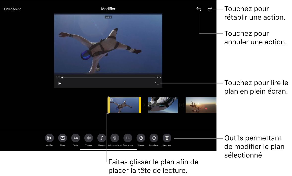 Un plan dans un projet de film magique en train d’être modifié, avec le visualiseur montrant un aperçu du plan. Au bas de l’écran se trouvent des boutons permettant de modifier le plan.