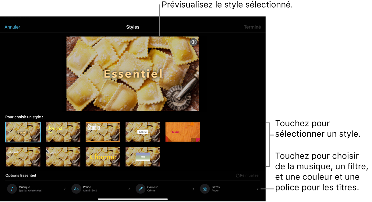  Le visualiseur affichant un aperçu d’un style sélectionné, avec des options de style en dessous. Des boutons pour ajouter de la musique, sélectionner une couleur et une police pour les titres et ajouter un filtre se trouvent en bas de l’écran.