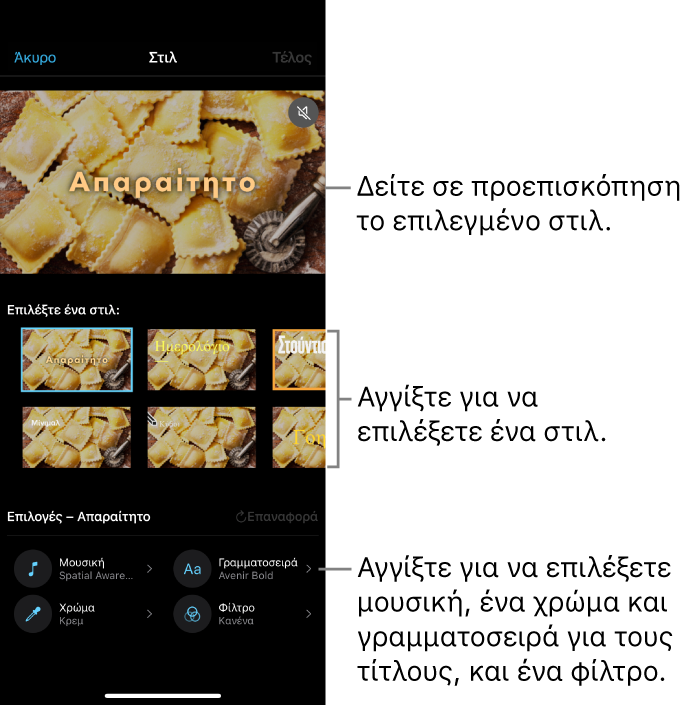 Το πρόγραμμα προβολής στο οποίο εμφανίζεται μια προεπισκόπηση του επιλεγμένου στιλ, με τις επιλογές στιλ από κάτω. Τα κουμπιά για προσθήκη μουσικής, επιλογή χρώματος και γραμματοσειράς για τίτλους, και προσθήκη φίλτρου εμφανίζονται στο κάτω μέρος της οθόνης.