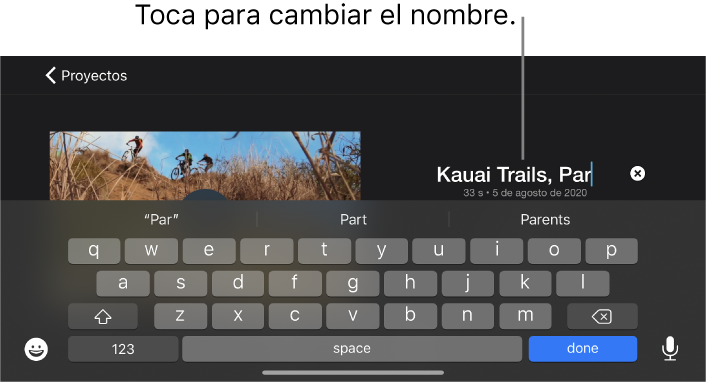 El título de un proyecto en proceso de edición, el teclado se muestra abajo.