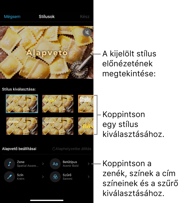 A megtekintőben a kijelölt stílus előnézete, míg alatta a stílusbeállítások láthatók. A képernyő alján a zenék hozzáadására, a címek színének és betűtípusának kiválasztására és szűrők hozzáadására szolgáló gombok láthatók.
