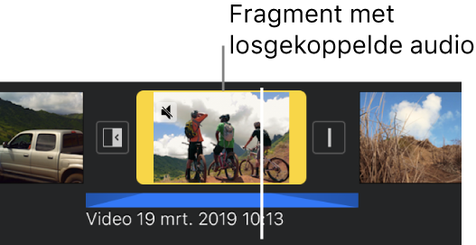 Een videofragment in de tijdbalk met daaronder een blauw, losgekoppeld audiofragment.