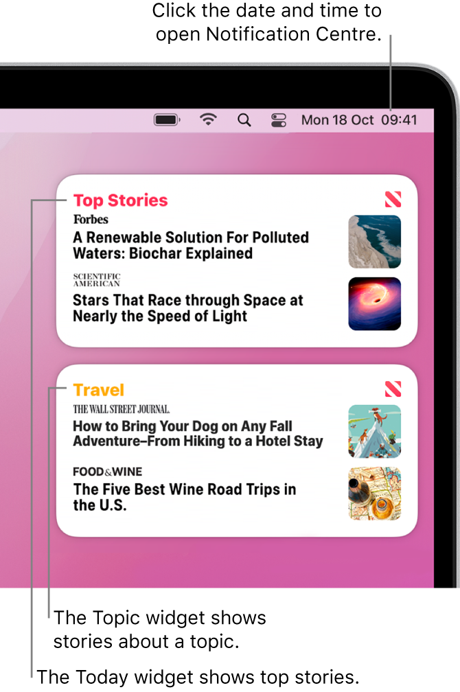 The Today and Topic widgets in Notification Centre.