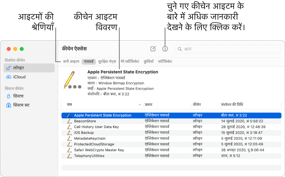 कीचेन ऐक्सेस विंडो। बाईं ओर आपके कीचेन की सूची है। शीर्ष दाईं ओर चुने हुए कीचेन में आइटमों की श्रेणी की सूची है (जैसे पासवर्ड)। नीचे दायीं ओर चयनित श्रेणी में आइटम की सूची है और आइटम की सूची के ऊपर चयनित आइटम का वर्णन है।