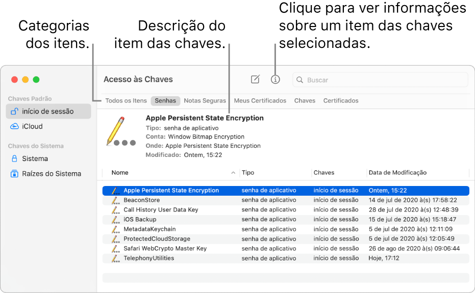 Janela do Acesso às Chaves. À esquerda está uma lista dos grupo de chaves. Na parte superior direita está uma lista de categorias de itens das chaves selecionadas (como Senhas). Na parte inferior direita há uma lista de itens da categoria selecionada e, acima da lista de itens, uma descrição do item selecionado.
