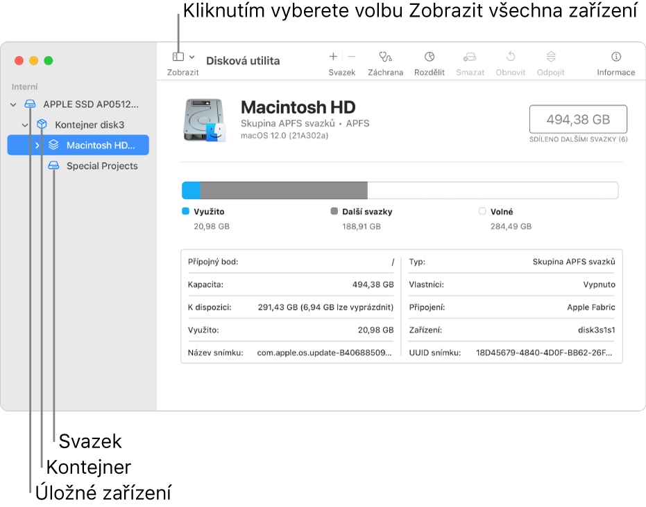 Okno Diskové utility zobrazující tři svazky, kontejner a úložné zařízení v zobrazení Zobrazit všechna zařízení