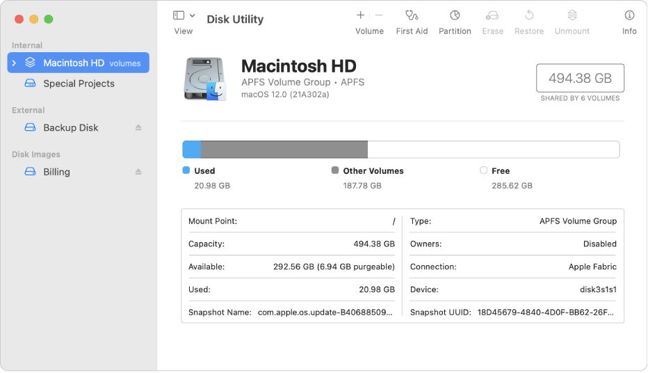 The Disk Utility window, showing two APFS volumes on an internal disk, a volume on an external disk, and a disk image.