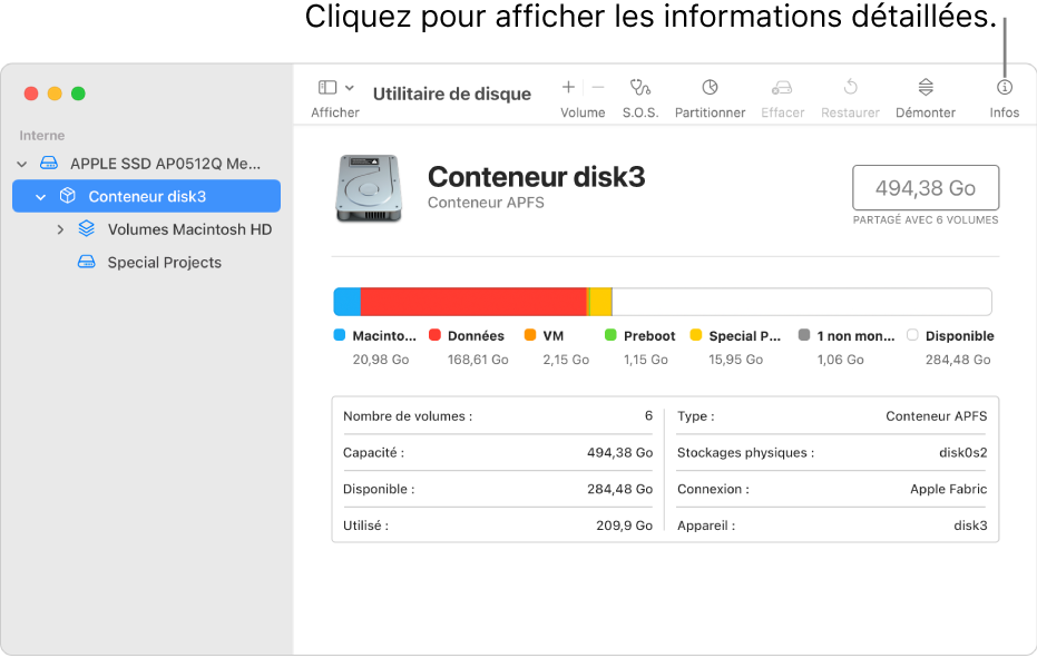 Fenêtre Utilitaire de disque affichant un appareil de stockage sélectionné dans la barre latérale et des informations sur l’appareil affichées sur la droite.