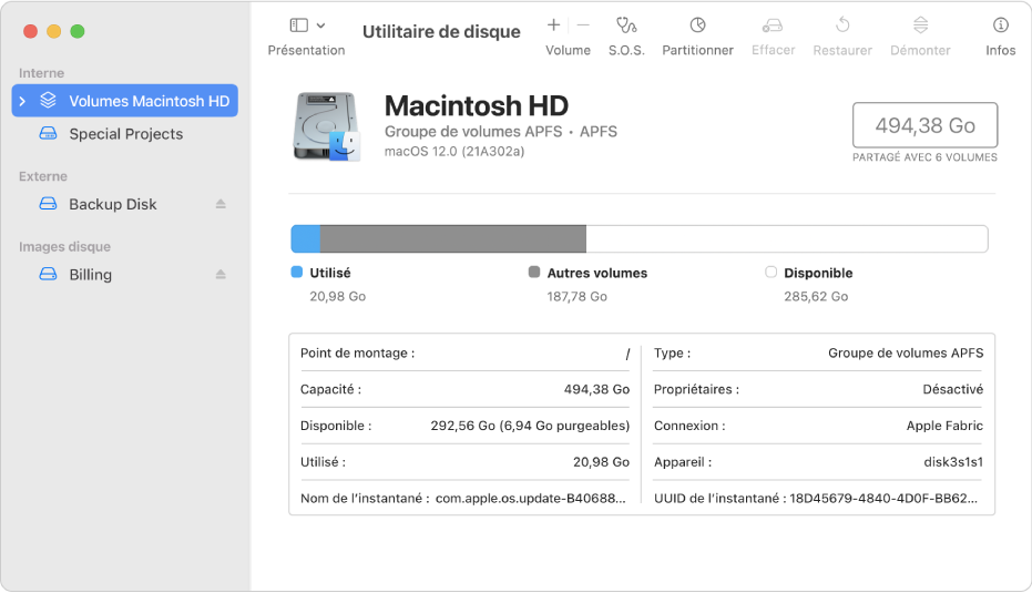 La fenêtre Utilitaire de disque, affichant deux volumes APFS sur un disque interne, un volume sur un disque externe et une image disque.