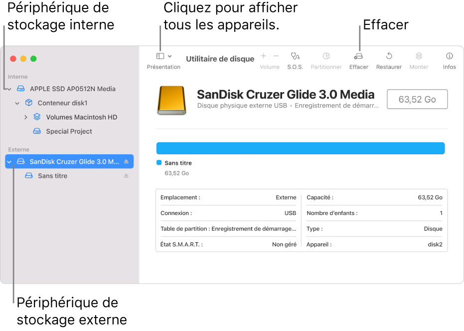 Une fenêtre Utilitaire de disque affichant deux périphériques de stockage en présentation « Afficher tous les appareils ».