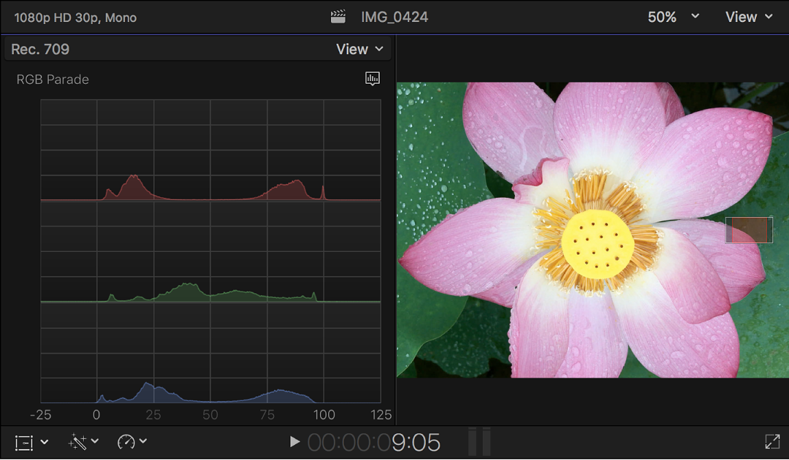 Das Histogramm „RGB-Parade“ links neben dem Viewer