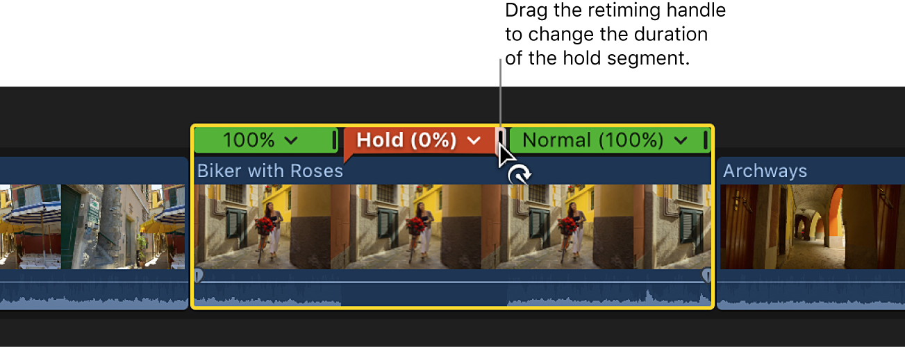 The timeline showing the retiming handle of a hold segment being dragged to adjust the duration