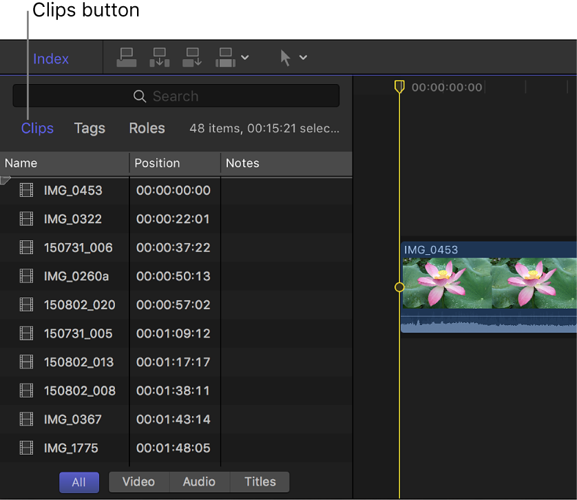 The Timeline Index with the Clips button selected at the top