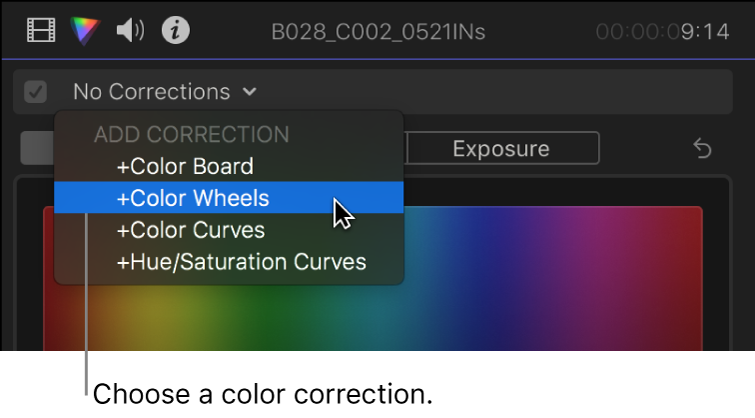 Sección “Añadir corrección” en el menú desplegable de la parte superior del inspector de color