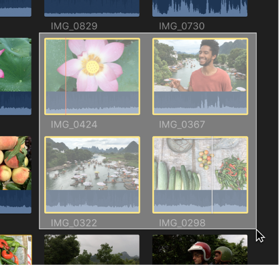 Arrastre del rectángulo de selección sobre clips en el explorador para seleccionarlos