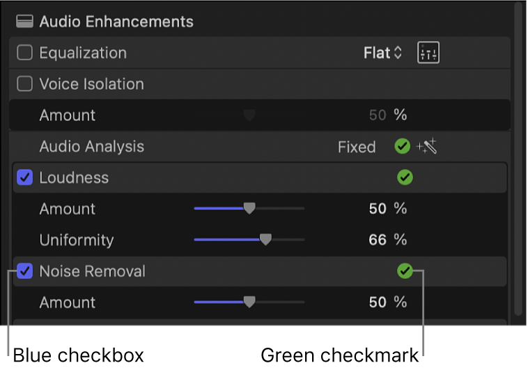 La sección “Mejoras de audio” del inspector de audio, con una marca de verificación azul junto a Intensidad y “Eliminación de ruido” y marcas de verificación verdes a la derecha de “Análisis de audio”, Intensidad y “Eliminación de audio”