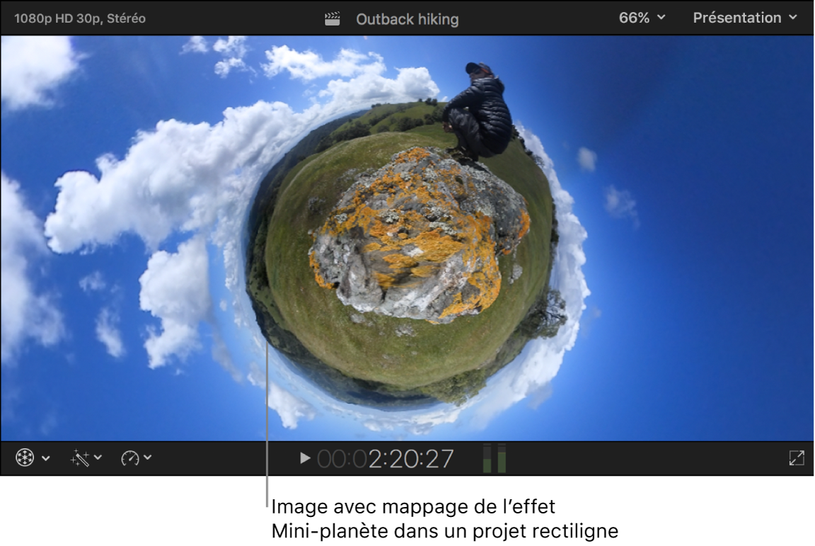 Visualiseur montrant une image avec mappage Mini-planète, créant ainsi l’effet d’une petite planète au centre de l’image