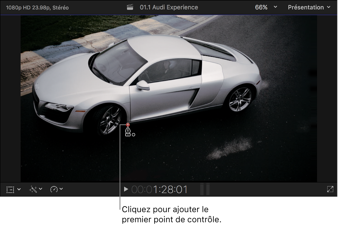 Visualiseur affichant un point de contrôle et pointeur de l’effet Masque de tracé