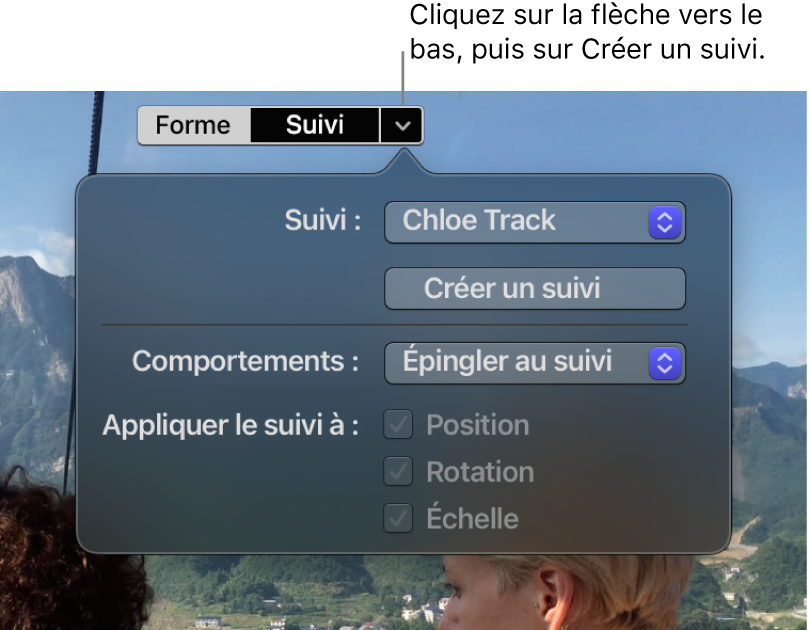 Flèche vers le bas et bouton Suivi en haut du visualiseur, avec le bouton « Créer un suivi » affiché dans les commandes Suivi en dessous