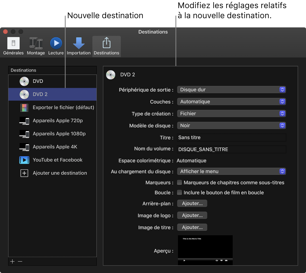 Fenêtre Destinations de la fenêtre Préférences montrant une destination de DVD dupliqué, sélectionnée dans la liste de gauche