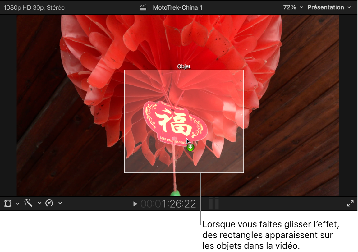 Effet glissé sur le visualiseur et rectangle blanc apparaissant par-dessus un objet dans la vidéo