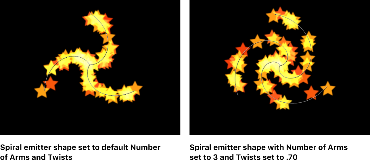 Canvas mit einem Emitter „Spirale“ mit geänderter Einstellung „Drehungen“