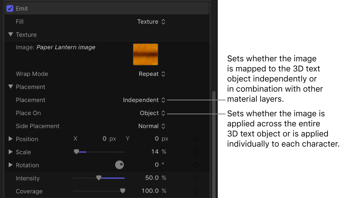 Placement and Place On controls in the Appearance pane of the Text Inspector