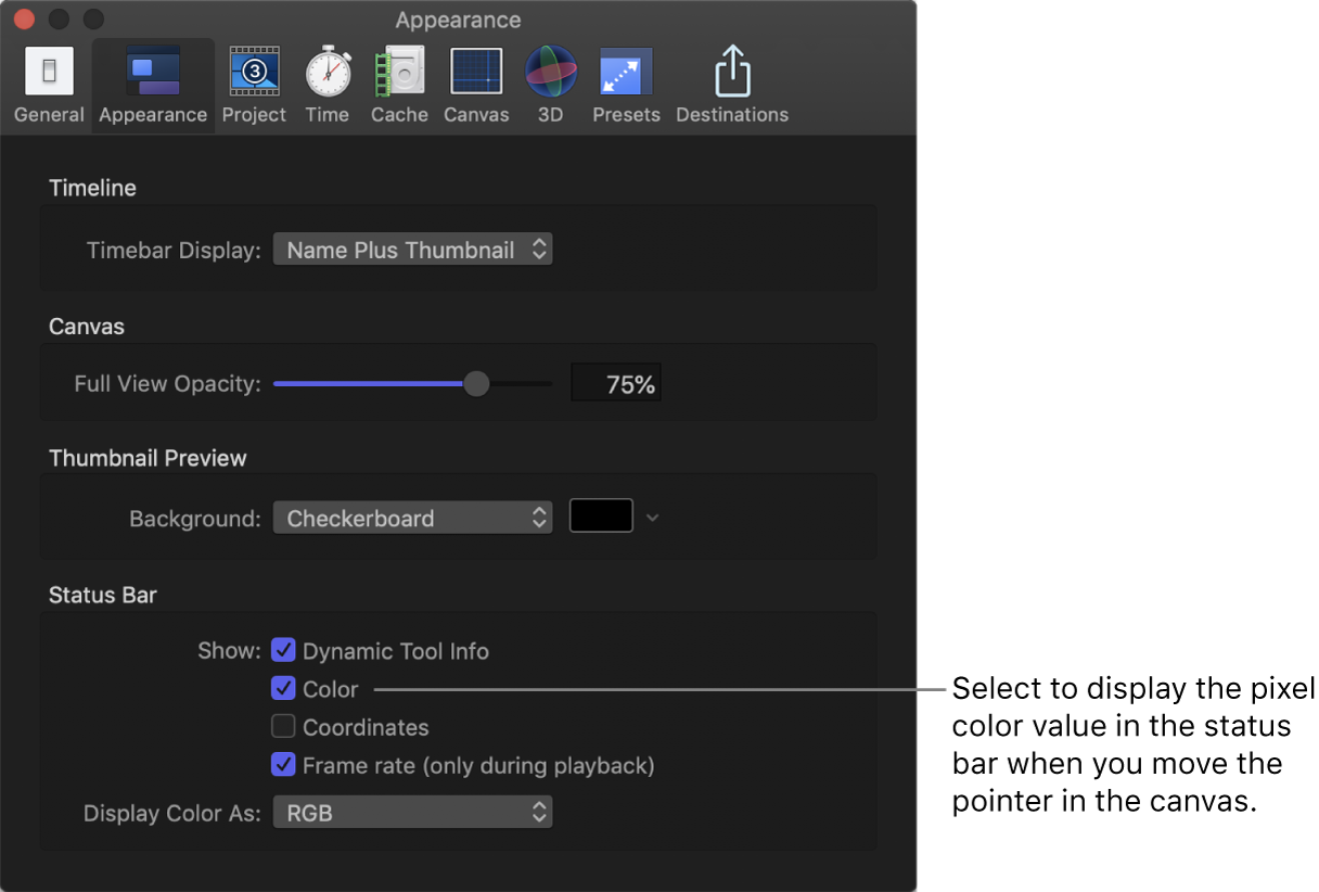 Motion Preferences window showing Appearance pane with Color selected in Status Bar area