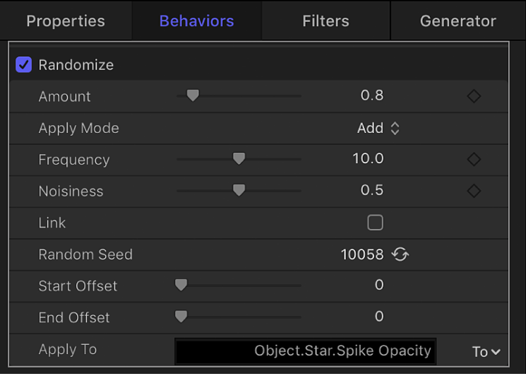 Behaviors Inspector showing the Randomize behavior controls