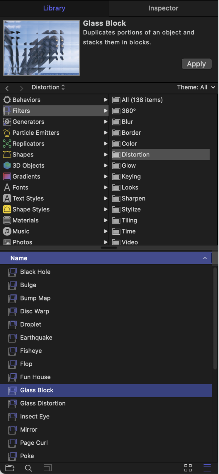 Library showing Filters categories