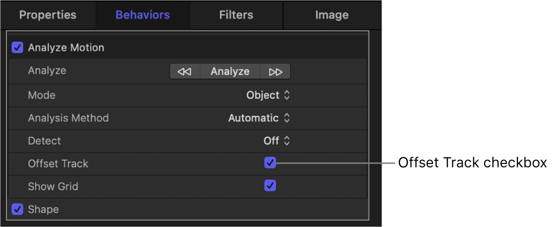 HUD showing Stabilize behavior controls containing Offset Track checkbox