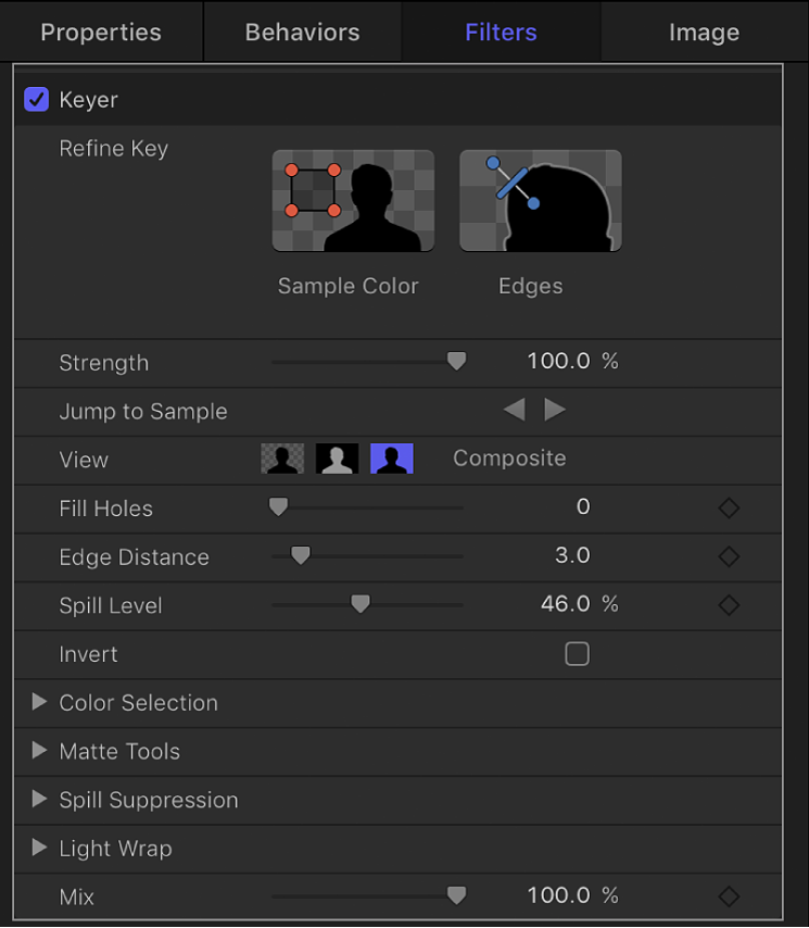 Parameters in the Keyer filter