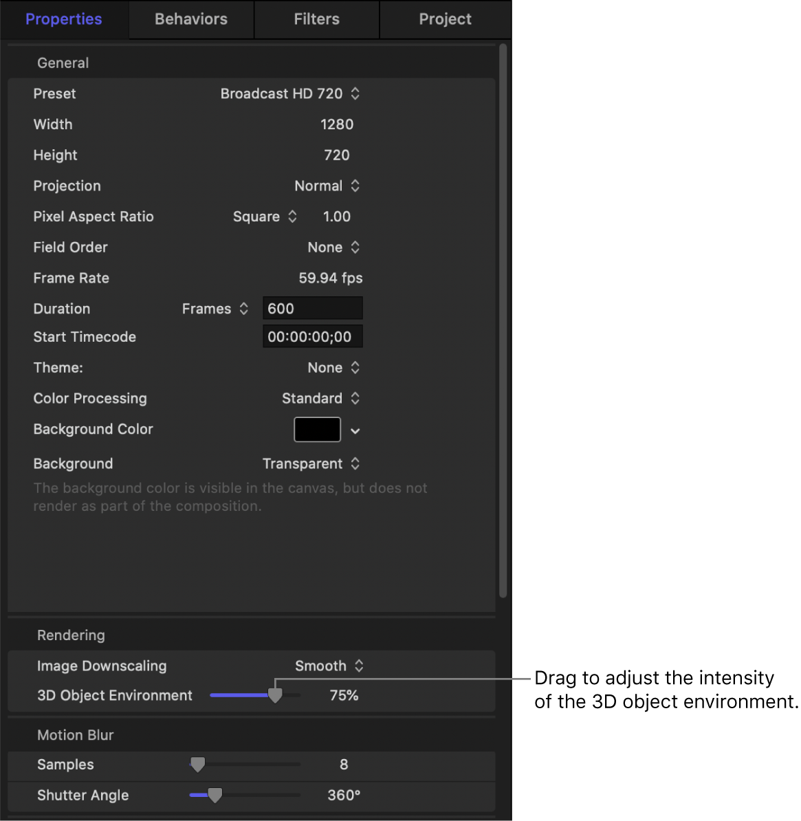 Adjusting the 3D Object Environment parameter in the Project Properties Inspector for a 3D object