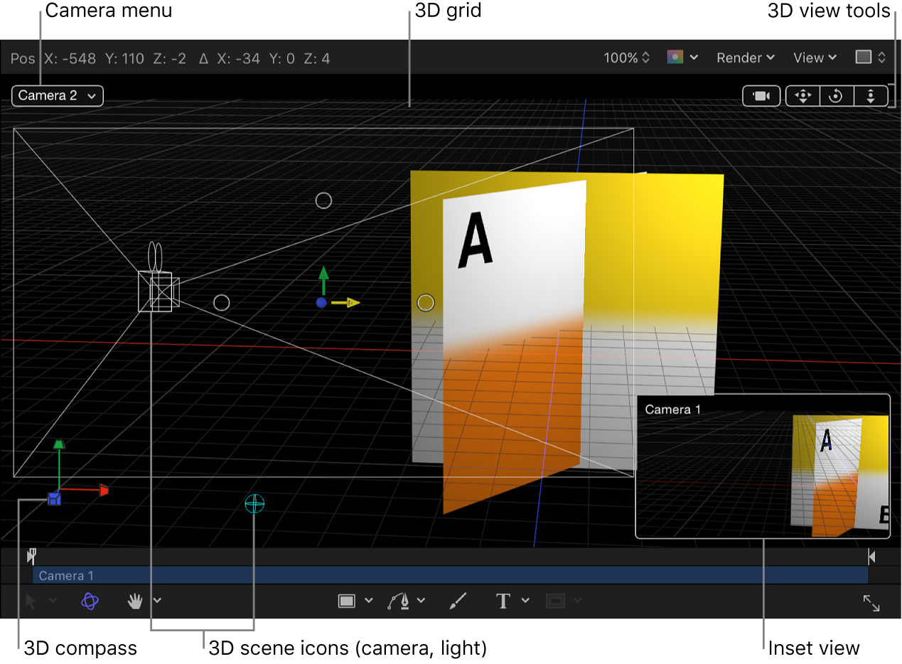 Lienzo y los controles 3D: Menú desplegable Cámara, herramientas de visualización 3D, iconos de escena 3D, cuadrícula 3D, brújula 3D y recuadro de visualización